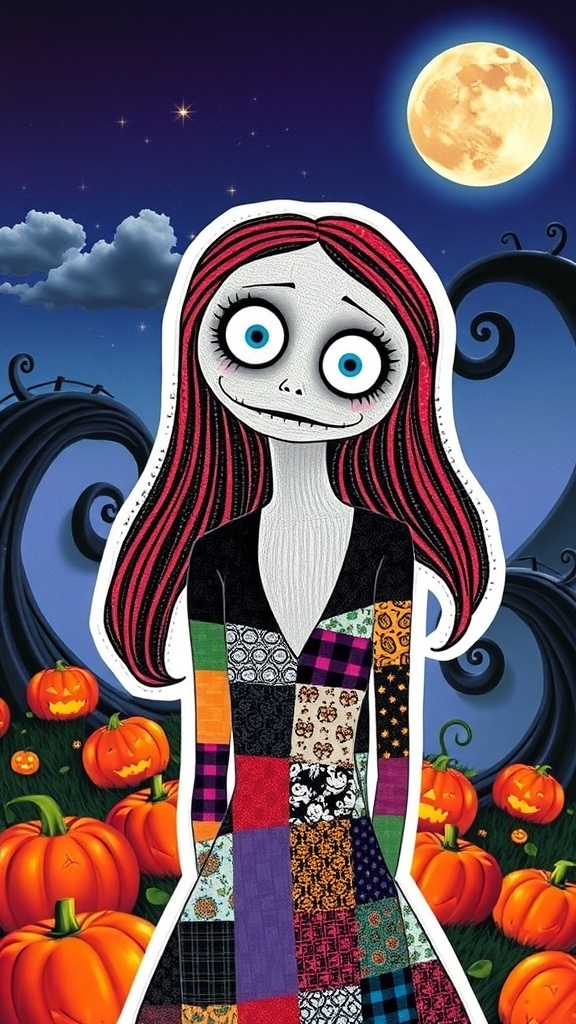 Sally from The Nightmare Before Christmas, a patchwork doll with expressive eyes, set against a Halloween-themed backdrop.